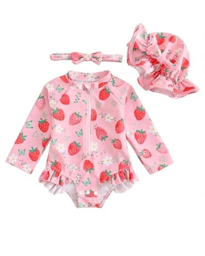 UV Badebekleidung Baby Badeanzug M&auml;dchen Gr 62-98, Langarm UV Kleidung Baby UV Shirt Mit Hut & Stirnband, Kleinkinder UV Anzug Schwimmanzug Schutz, Rosa Erdbeere 18-24 Monate/86-92